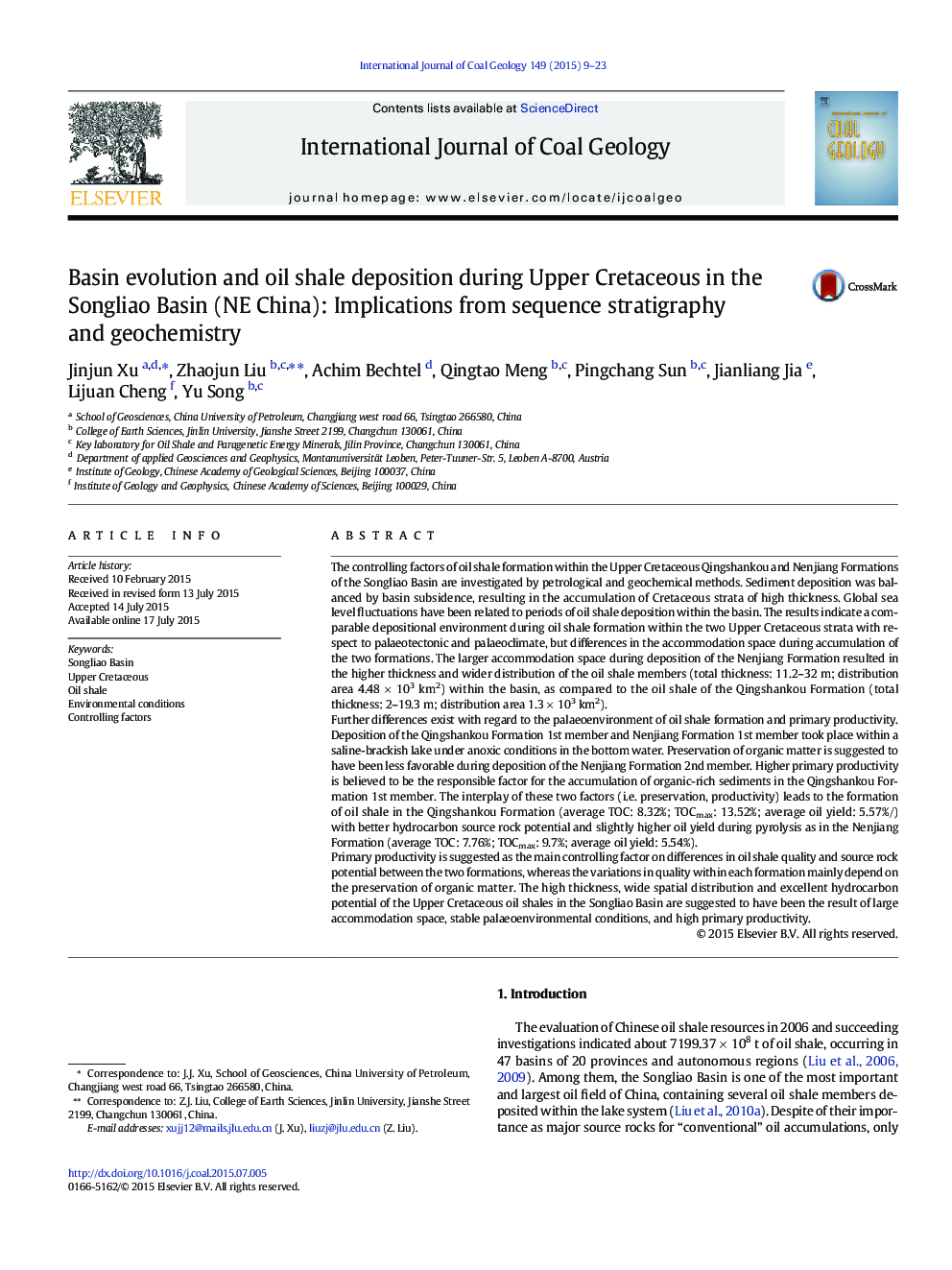 Basin evolution and oil shale deposition during Upper Cretaceous in the Songliao Basin (NE China): Implications from sequence stratigraphy and geochemistry