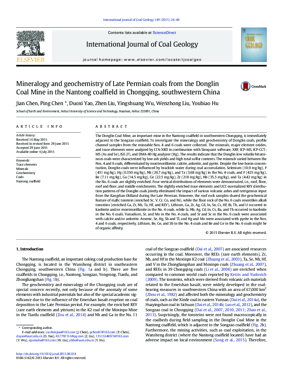 Mineralogy and geochemistry of Late Permian coals from the Donglin Coal Mine in the Nantong coalfield in Chongqing, southwestern China