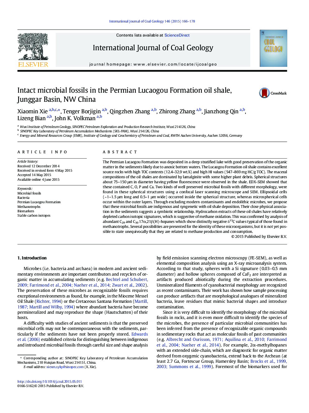 Intact microbial fossils in the Permian Lucaogou Formation oil shale, Junggar Basin, NW China