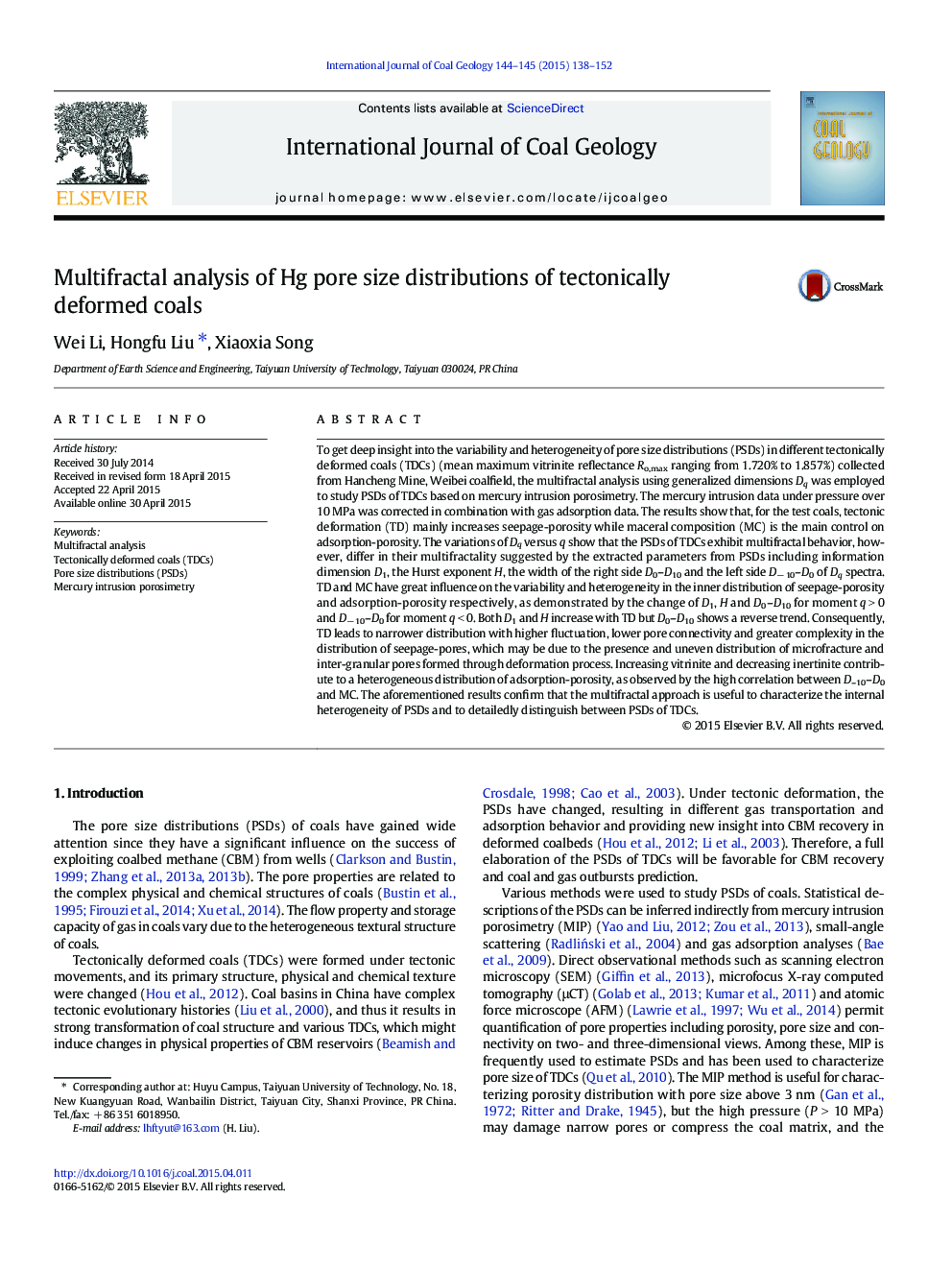 Multifractal analysis of Hg pore size distributions of tectonically deformed coals