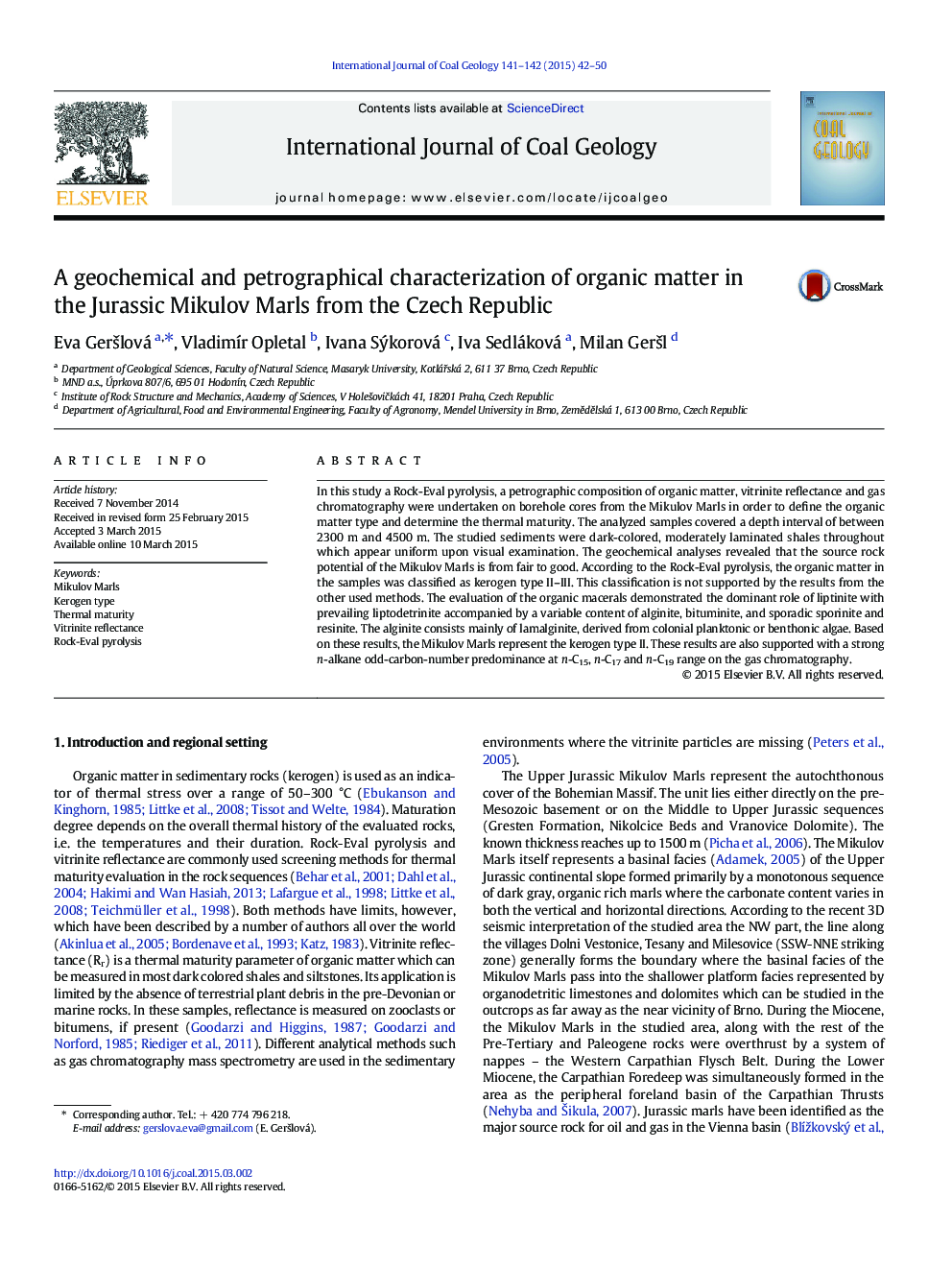 A geochemical and petrographical characterization of organic matter in the Jurassic Mikulov Marls from the Czech Republic