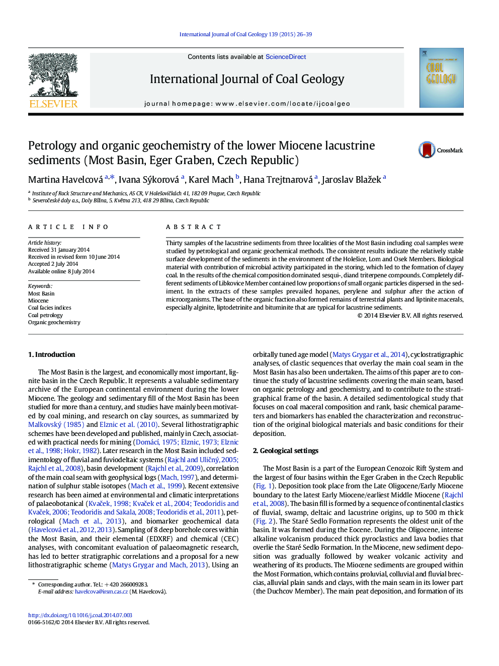 Petrology and organic geochemistry of the lower Miocene lacustrine sediments (Most Basin, Eger Graben, Czech Republic)