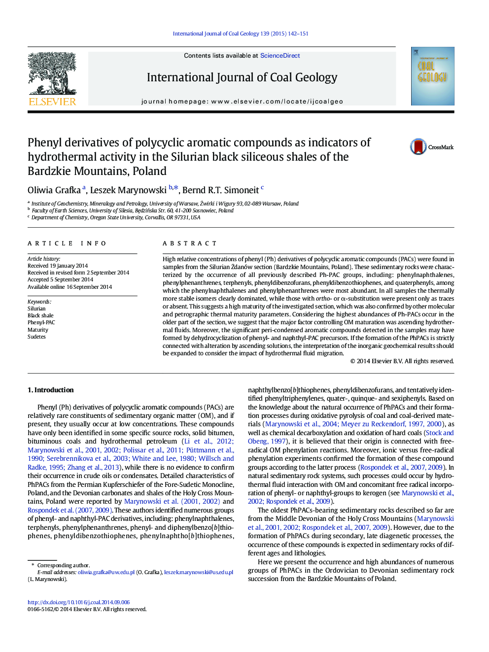 Phenyl derivatives of polycyclic aromatic compounds as indicators of hydrothermal activity in the Silurian black siliceous shales of the Bardzkie Mountains, Poland