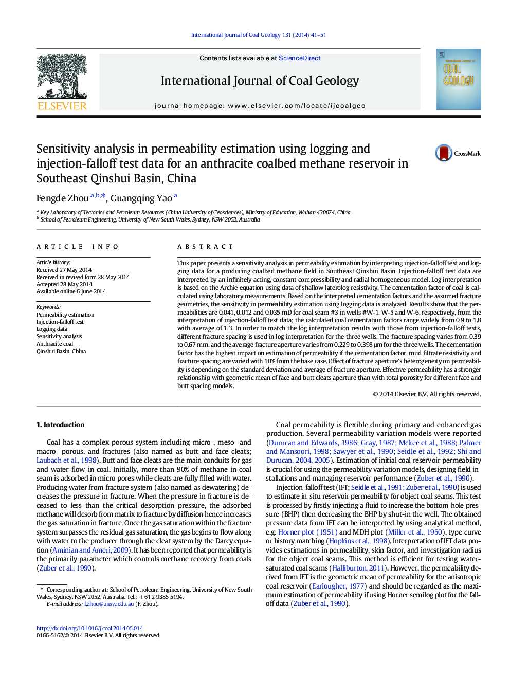 Sensitivity analysis in permeability estimation using logging and injection-falloff test data for an anthracite coalbed methane reservoir in Southeast Qinshui Basin, China