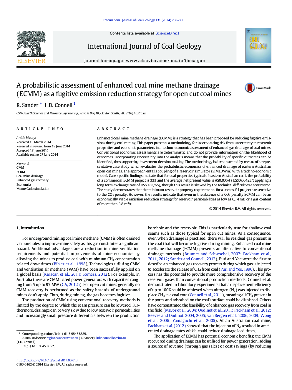 A probabilistic assessment of enhanced coal mine methane drainage (ECMM) as a fugitive emission reduction strategy for open cut coal mines