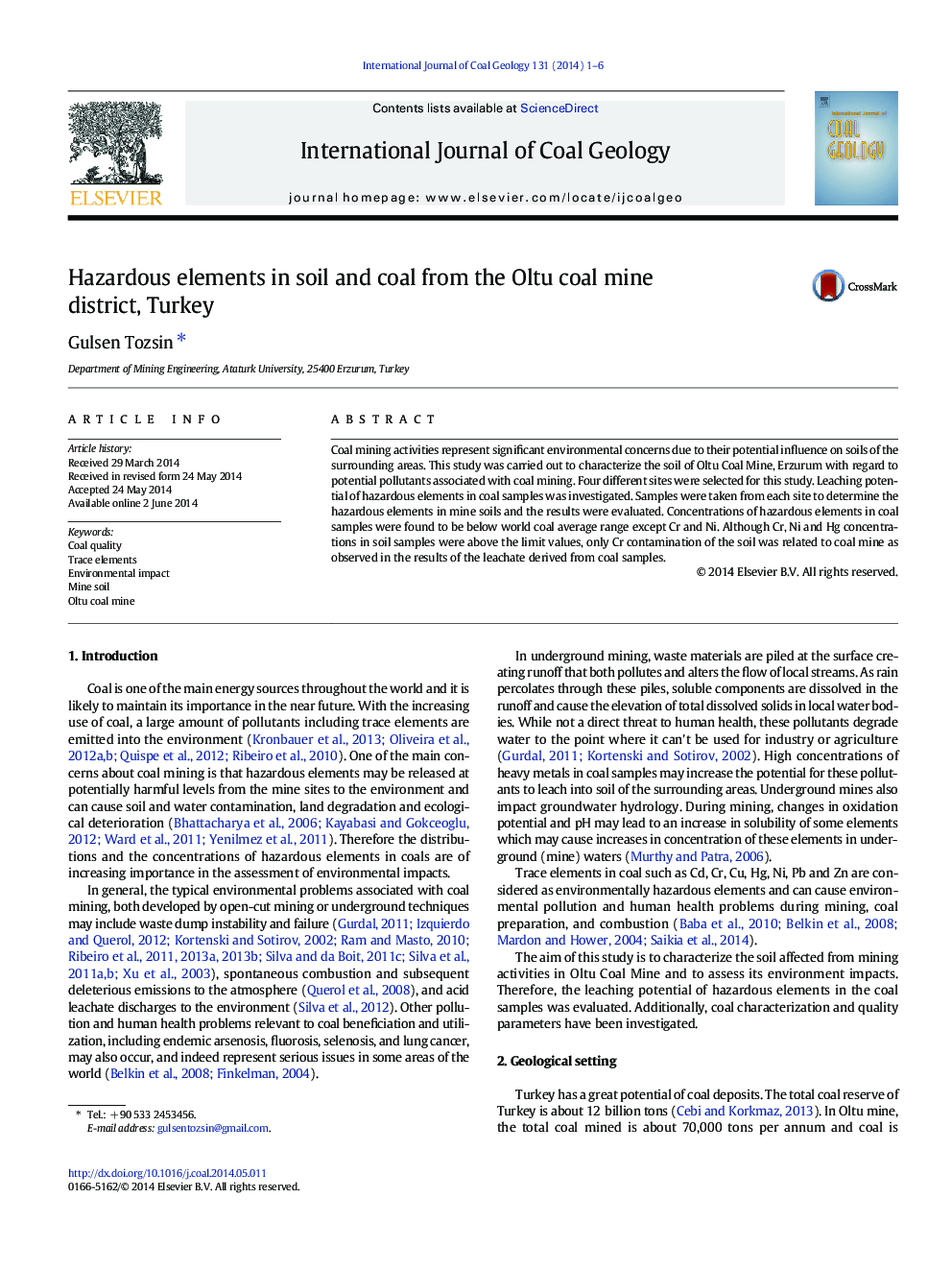 Hazardous elements in soil and coal from the Oltu coal mine district, Turkey