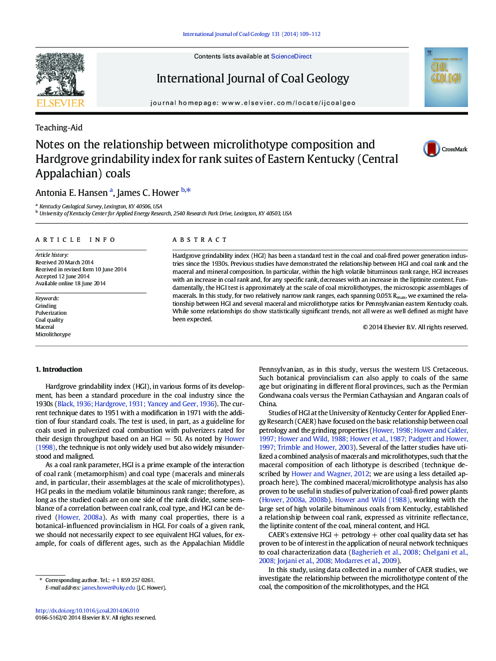 یادداشت های مربوط به رابطه ترکیب میکرولیتیوتیک و شاخص سختی هاردراگو برای مجموعه های دسته ای از زغالسنگ شرقی کنتاکی (مرکزی آپالاچی) 
