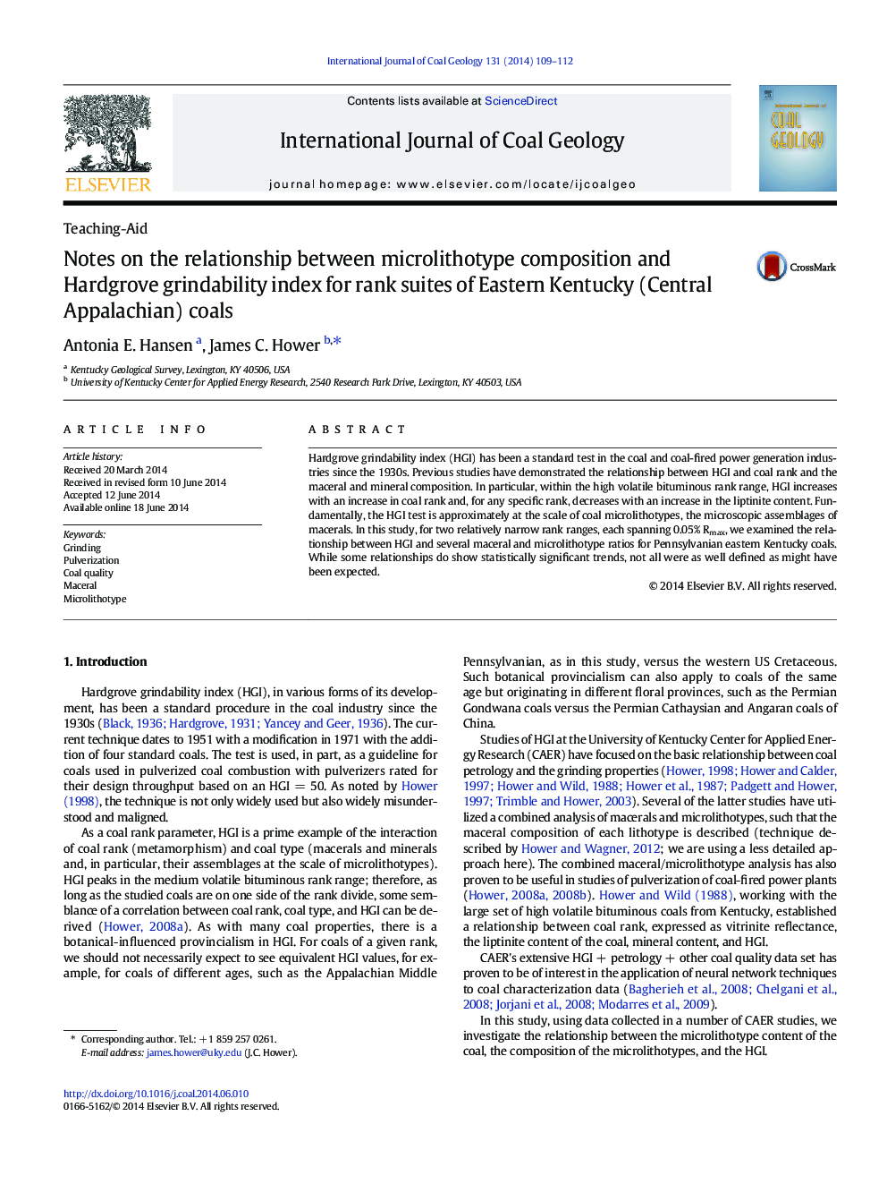 Notes on the relationship between microlithotype composition and Hardgrove grindability index for rank suites of Eastern Kentucky (Central Appalachian) coals