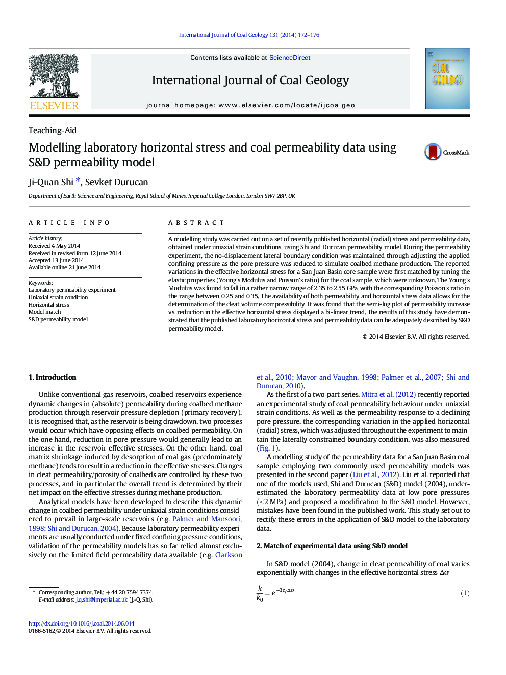 Modelling laboratory horizontal stress and coal permeability data using S&D permeability model