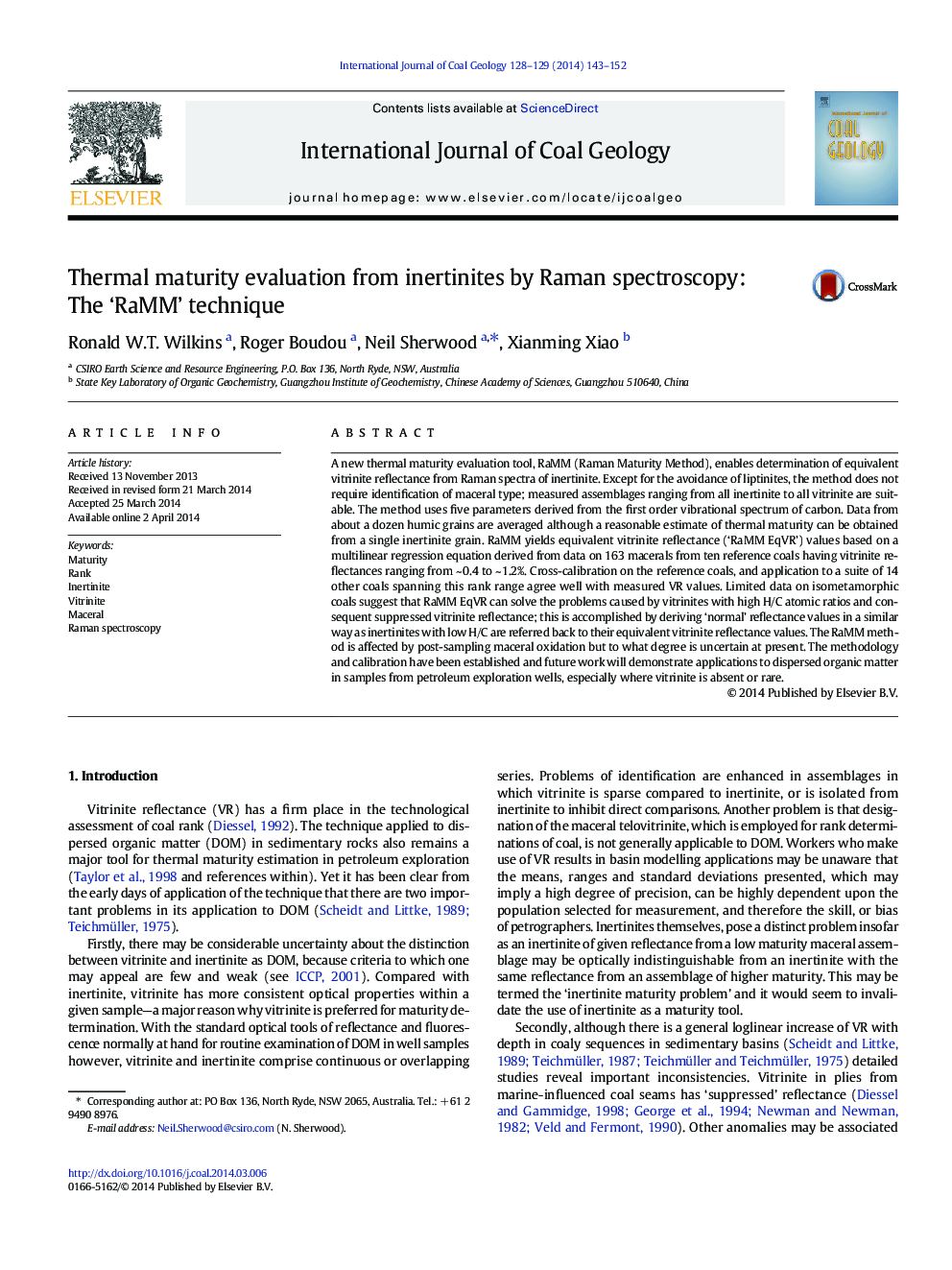 Thermal maturity evaluation from inertinites by Raman spectroscopy: The ‘RaMM’ technique