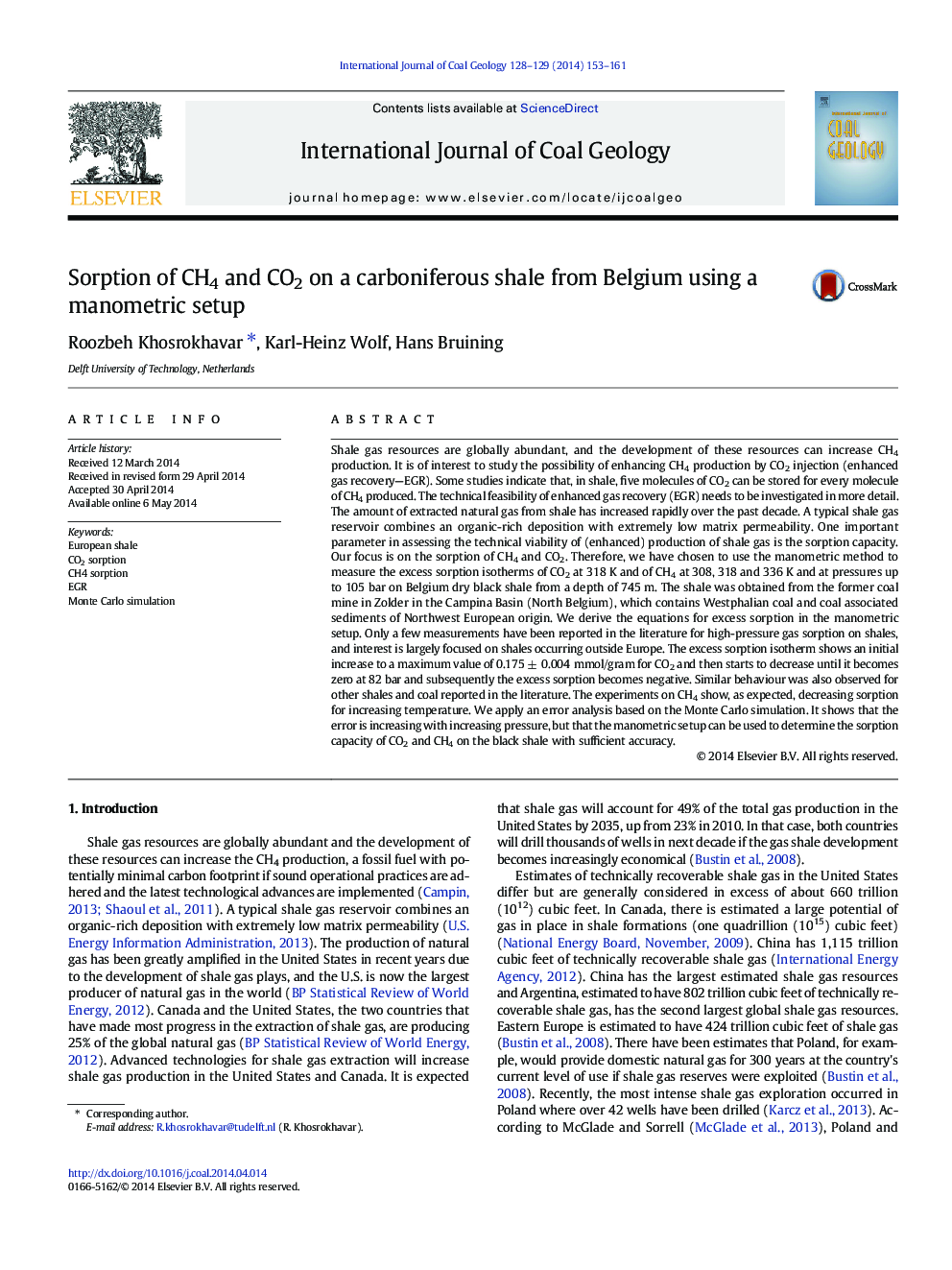 Sorption of CH4 and CO2 on a carboniferous shale from Belgium using a manometric setup