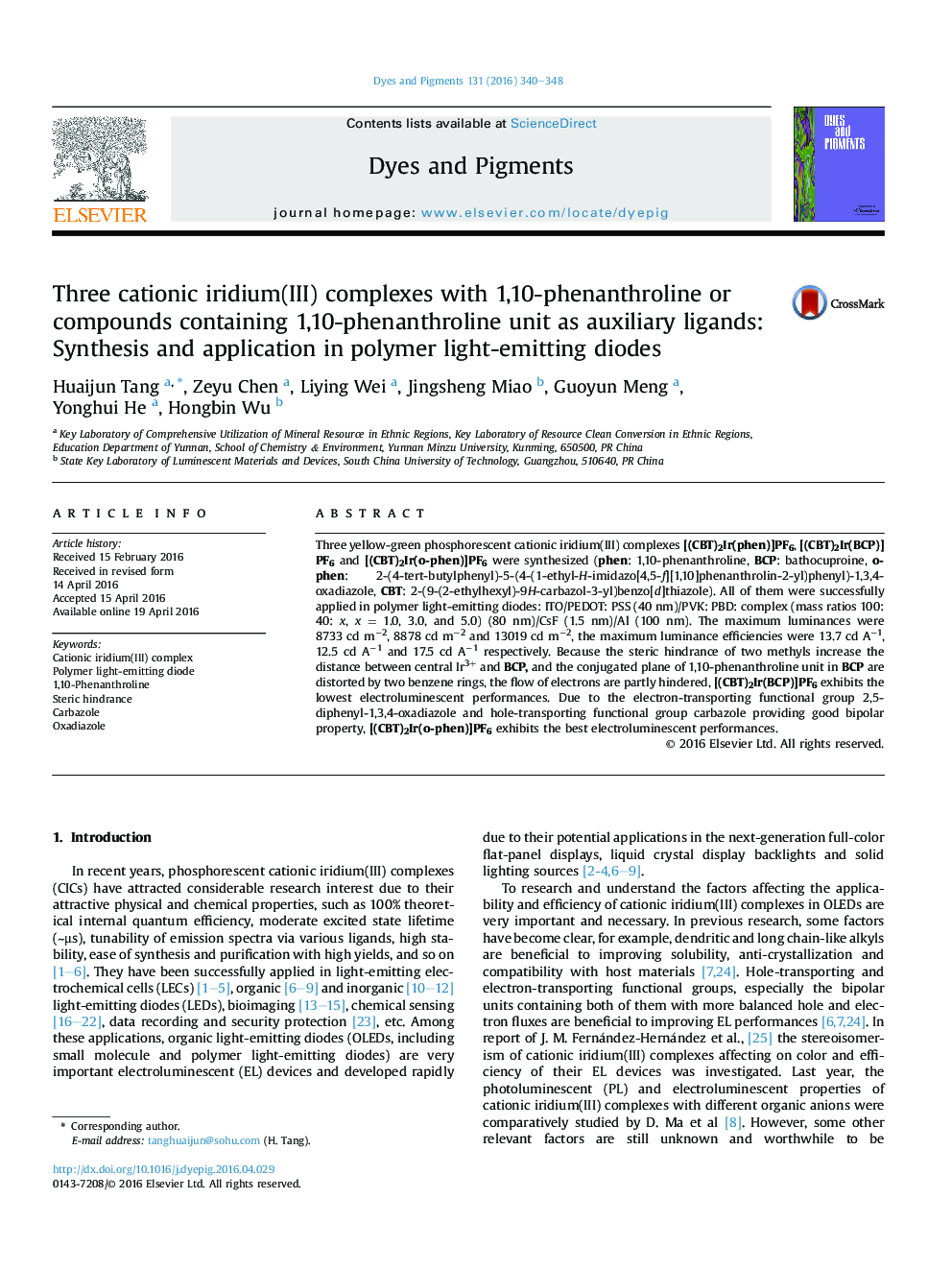 Three cationic iridium(III) complexes with 1,10-phenanthroline or compounds containing 1,10-phenanthroline unit as auxiliary ligands: Synthesis and application in polymer light-emitting diodes