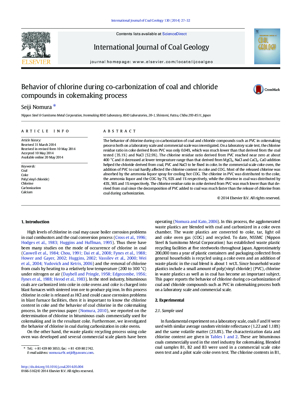 Behavior of chlorine during co-carbonization of coal and chloride compounds in cokemaking process