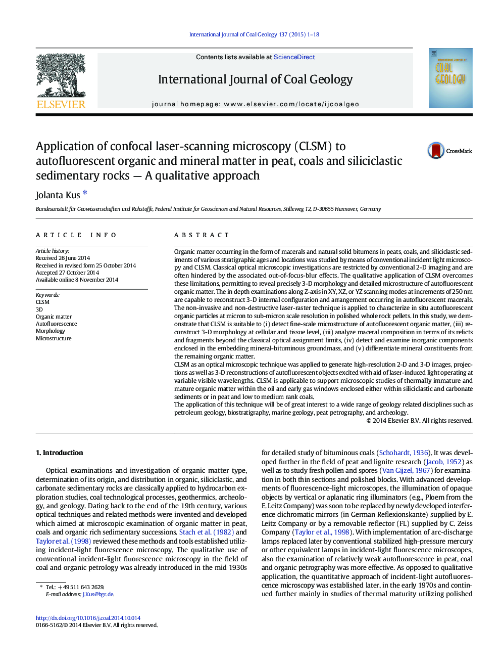 Application of confocal laser-scanning microscopy (CLSM) to autofluorescent organic and mineral matter in peat, coals and siliciclastic sedimentary rocks — A qualitative approach