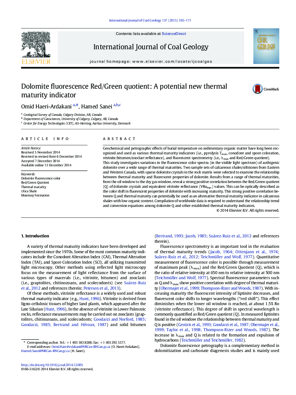 Dolomite fluorescence Red/Green quotient: A potential new thermal maturity indicator