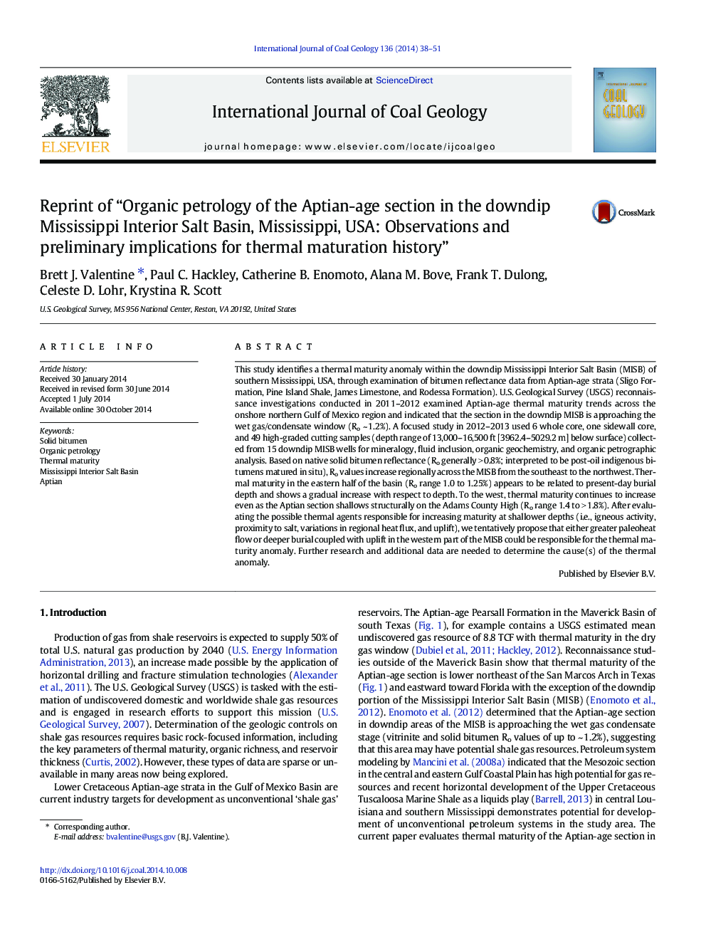 Reprint of “Organic petrology of the Aptian-age section in the downdip Mississippi Interior Salt Basin, Mississippi, USA: Observations and preliminary implications for thermal maturation history”