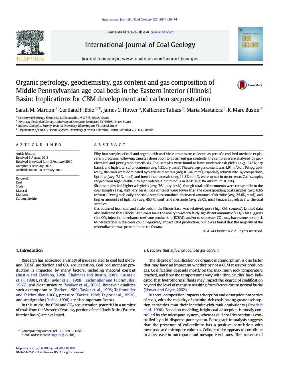 Organic petrology, geochemistry, gas content and gas composition of Middle Pennsylvanian age coal beds in the Eastern Interior (Illinois) Basin: Implications for CBM development and carbon sequestration