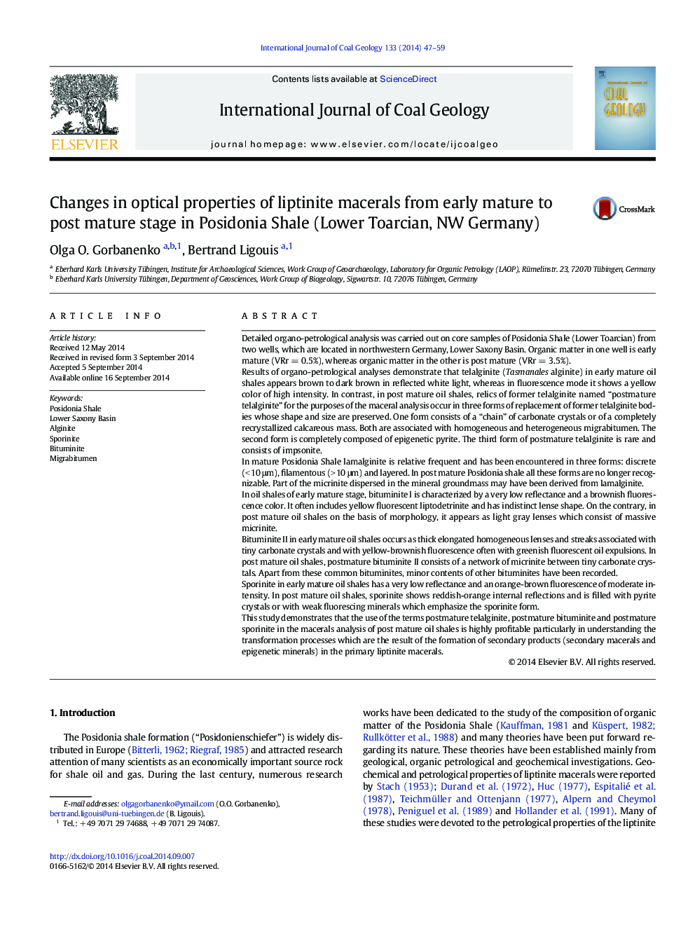 Changes in optical properties of liptinite macerals from early mature to post mature stage in Posidonia Shale (Lower Toarcian, NW Germany)