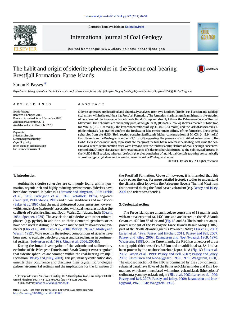 The habit and origin of siderite spherules in the Eocene coal-bearing Prestfjall Formation, Faroe Islands