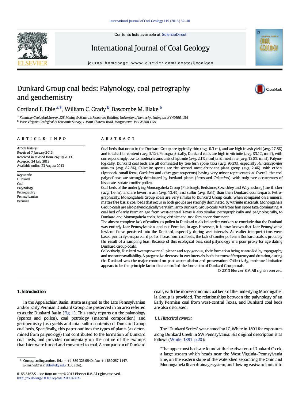 Dunkard Group coal beds: Palynology, coal petrography and geochemistry