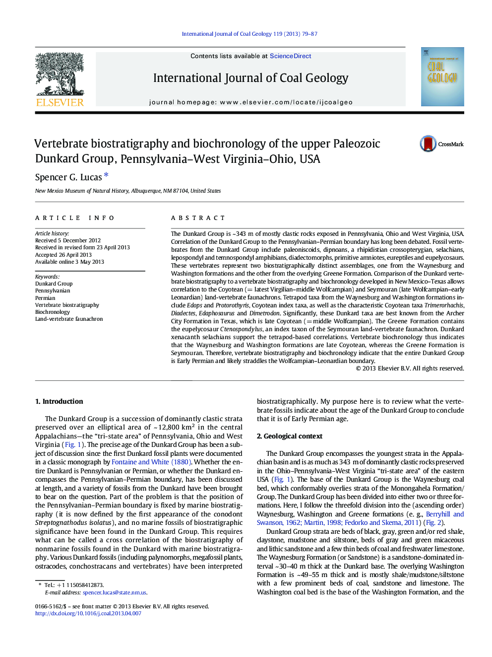 Vertebrate biostratigraphy and biochronology of the upper Paleozoic Dunkard Group, Pennsylvania–West Virginia–Ohio, USA