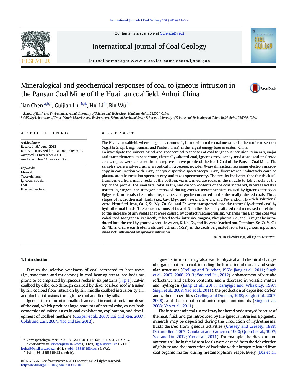 Mineralogical and geochemical responses of coal to igneous intrusion in the Pansan Coal Mine of the Huainan coalfield, Anhui, China