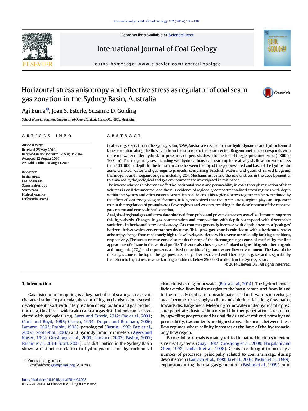 Horizontal stress anisotropy and effective stress as regulator of coal seam gas zonation in the Sydney Basin, Australia