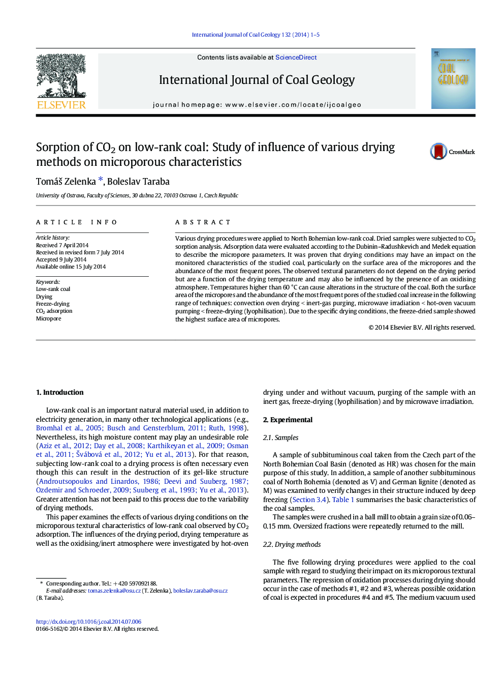 Sorption of CO2 on low-rank coal: Study of influence of various drying methods on microporous characteristics