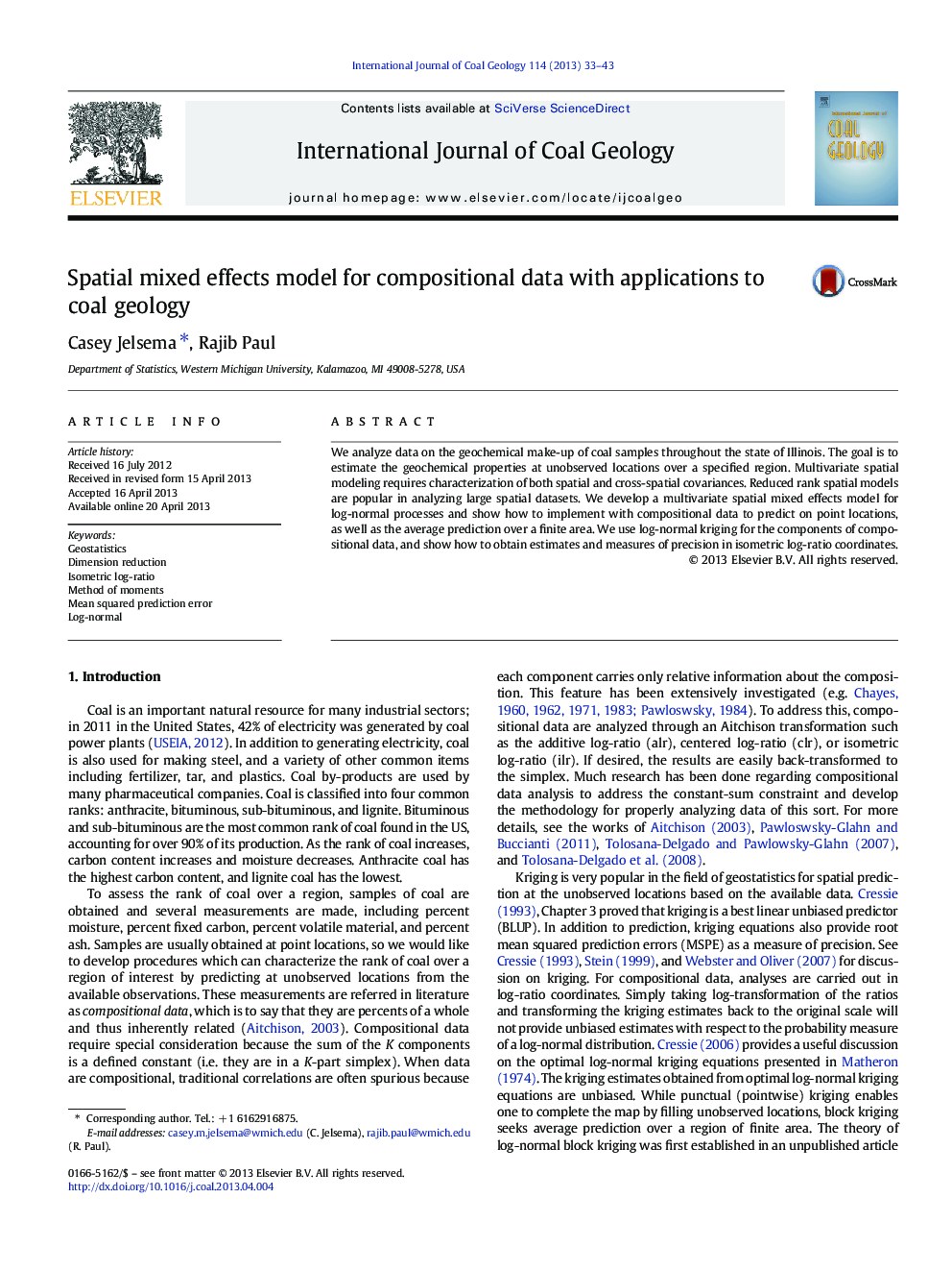 Spatial mixed effects model for compositional data with applications to coal geology
