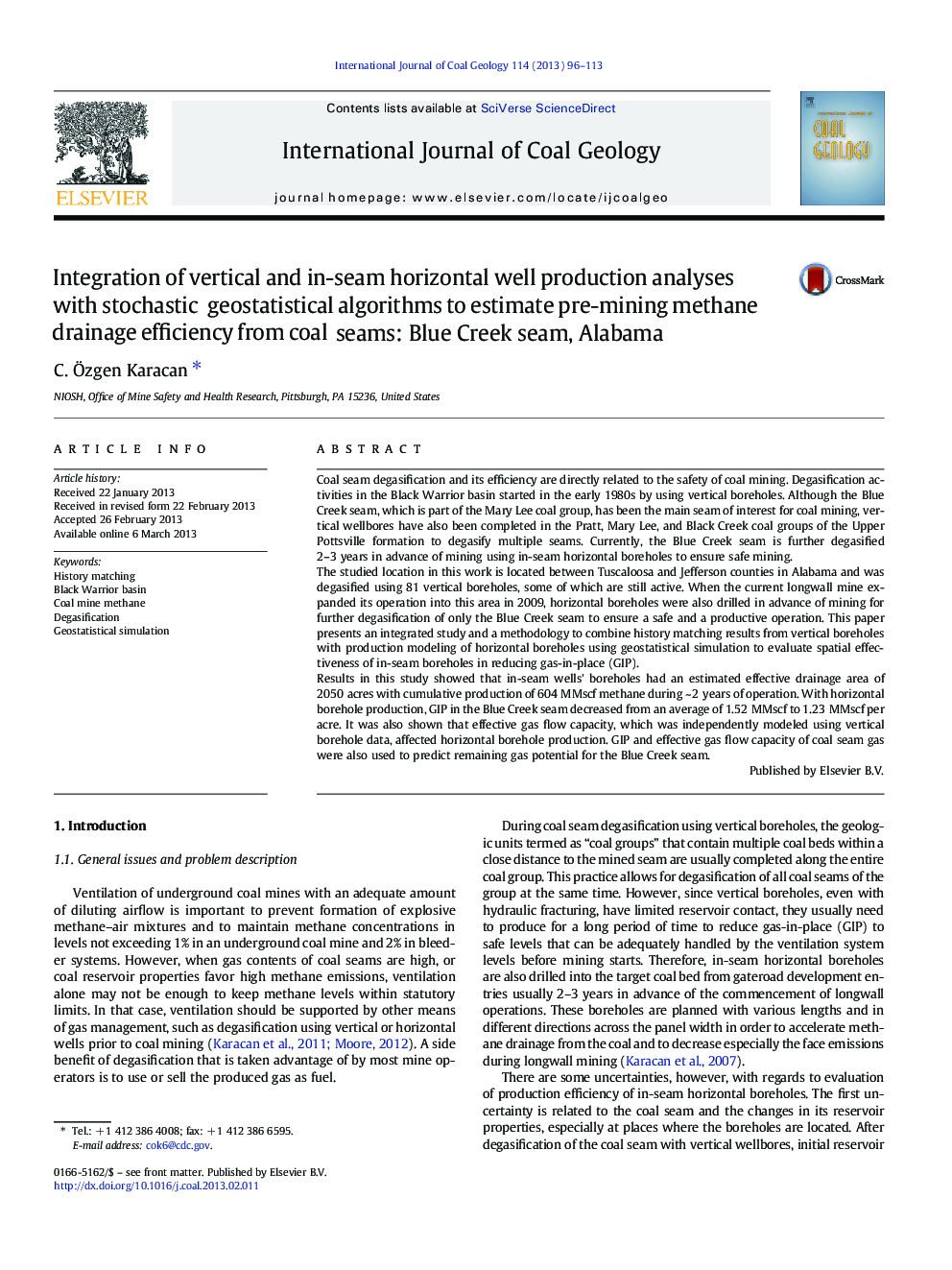 Integration of vertical and in-seam horizontal well production analyses with stochastic geostatistical algorithms to estimate pre-mining methane drainage efficiency from coal seams: Blue Creek seam, Alabama