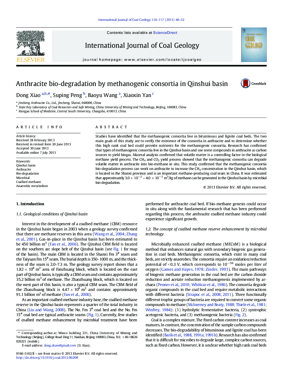 Anthracite bio-degradation by methanogenic consortia in Qinshui basin