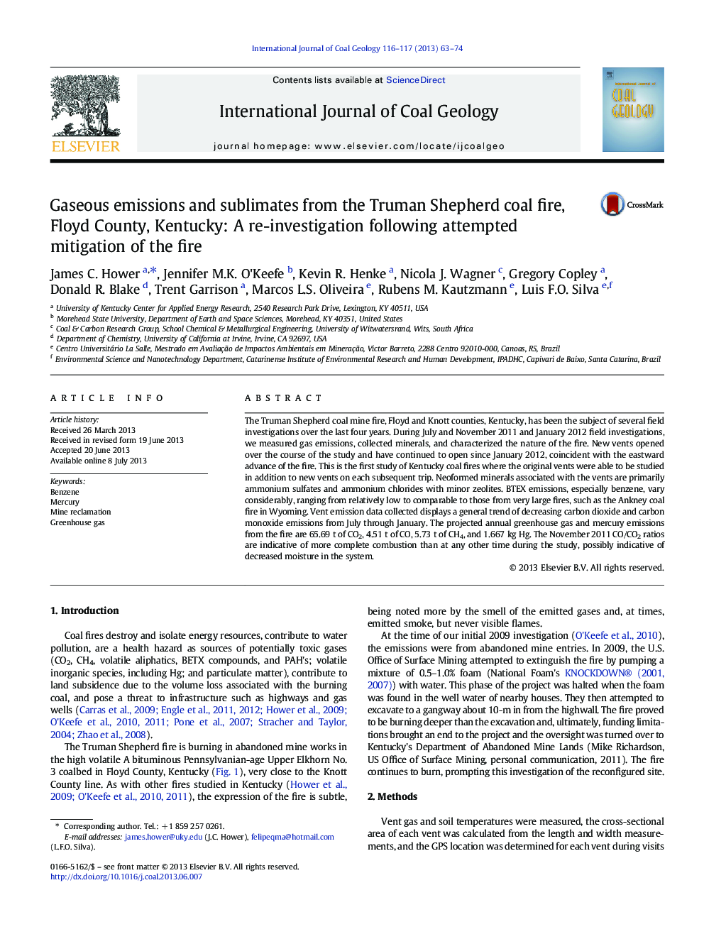 Gaseous emissions and sublimates from the Truman Shepherd coal fire, Floyd County, Kentucky: A re-investigation following attempted mitigation of the fire