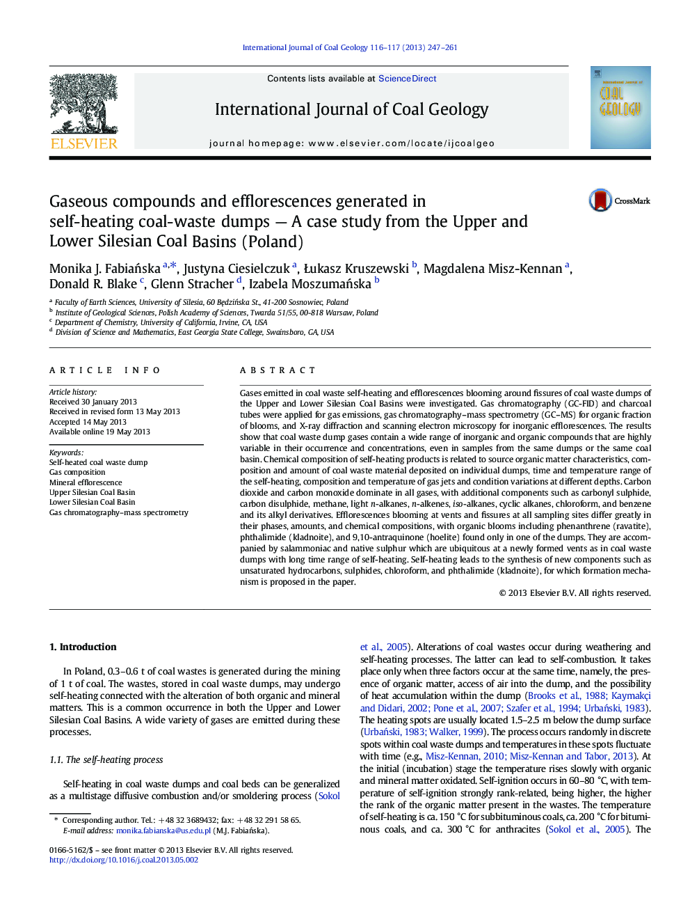 Gaseous compounds and efflorescences generated in self-heating coal-waste dumps — A case study from the Upper and Lower Silesian Coal Basins (Poland)