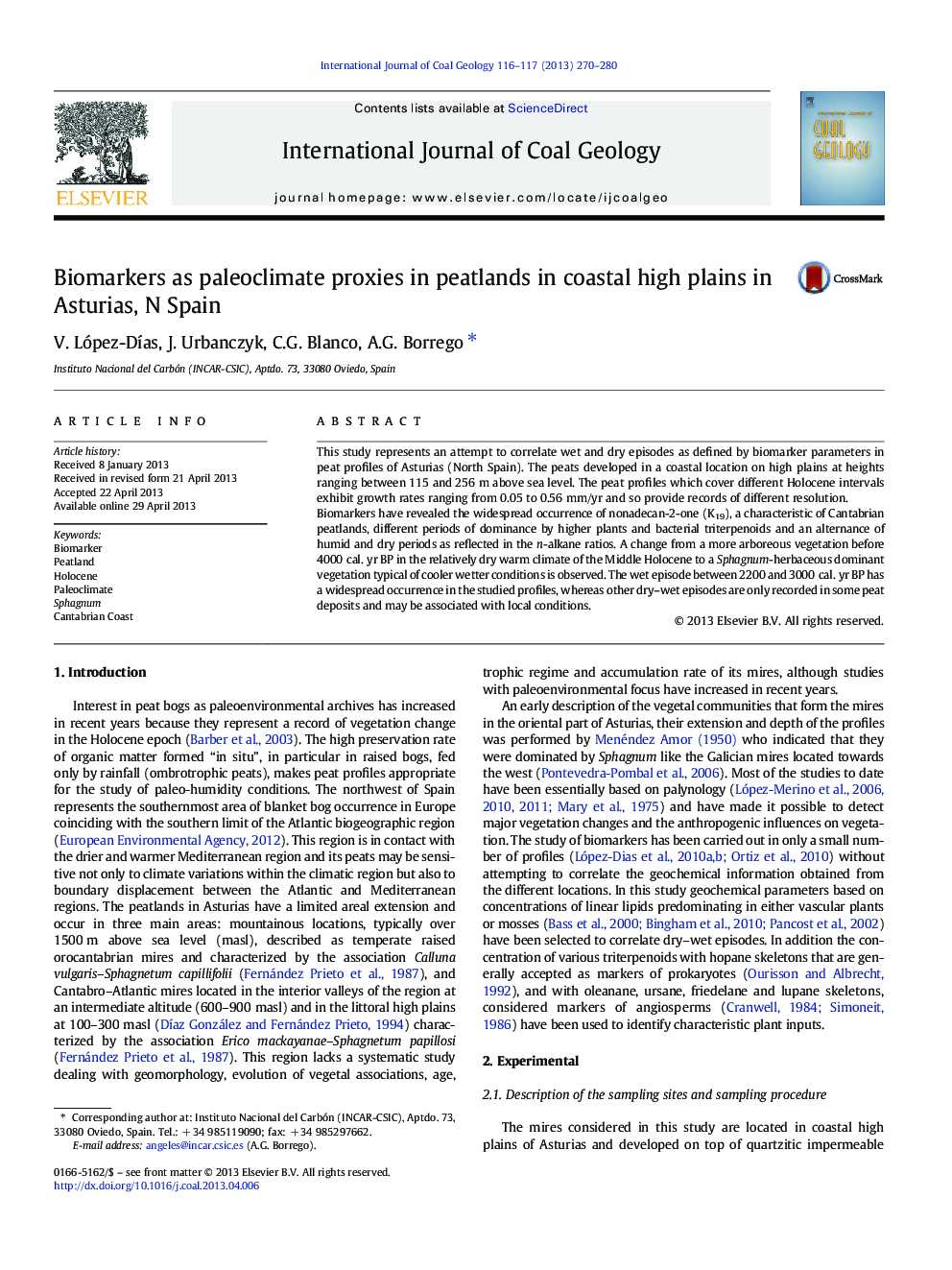 Biomarkers as paleoclimate proxies in peatlands in coastal high plains in Asturias, N Spain