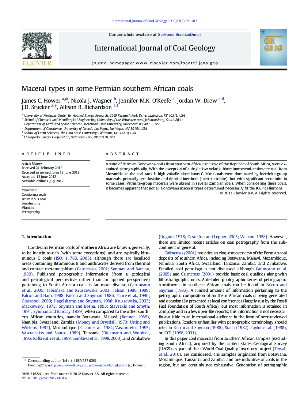 Maceral types in some Permian southern African coals