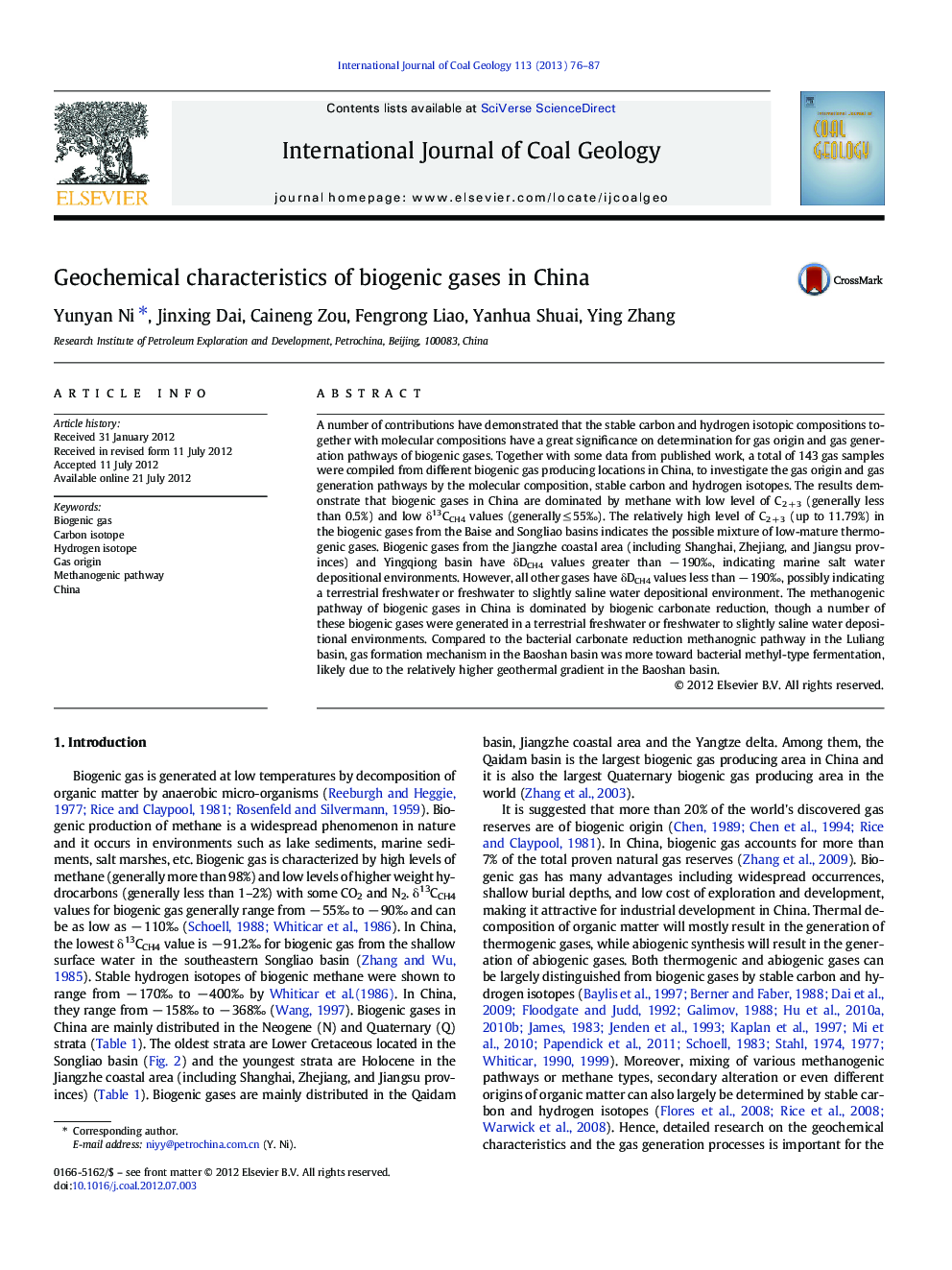 Geochemical characteristics of biogenic gases in China