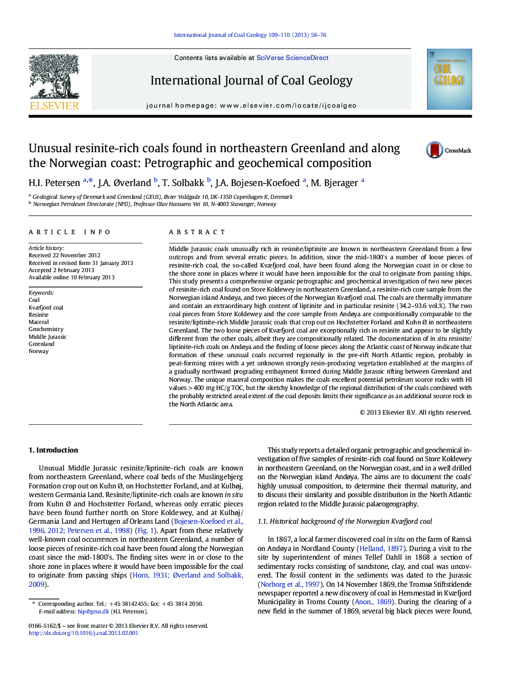 Unusual resinite-rich coals found in northeastern Greenland and along the Norwegian coast: Petrographic and geochemical composition