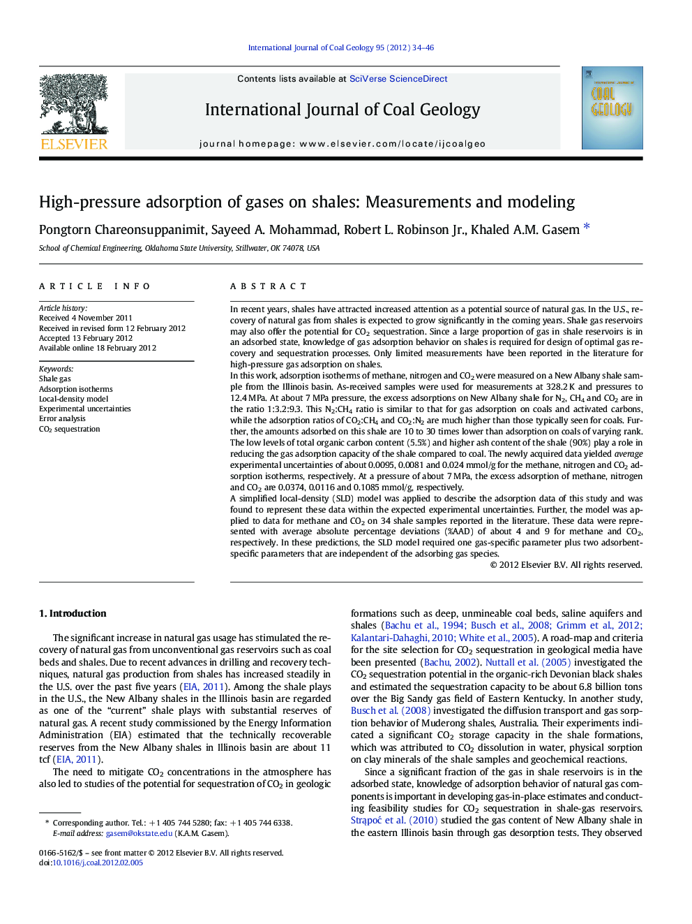 High-pressure adsorption of gases on shales: Measurements and modeling