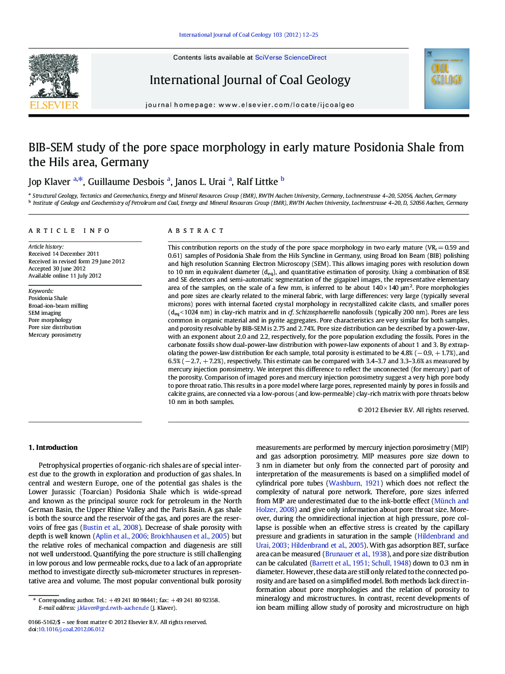 BIB-SEM study of the pore space morphology in early mature Posidonia Shale from the Hils area, Germany