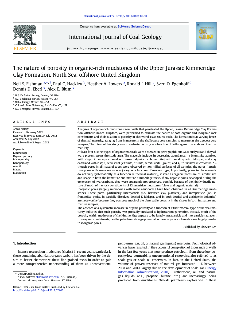 The nature of porosity in organic-rich mudstones of the Upper Jurassic Kimmeridge Clay Formation, North Sea, offshore United Kingdom