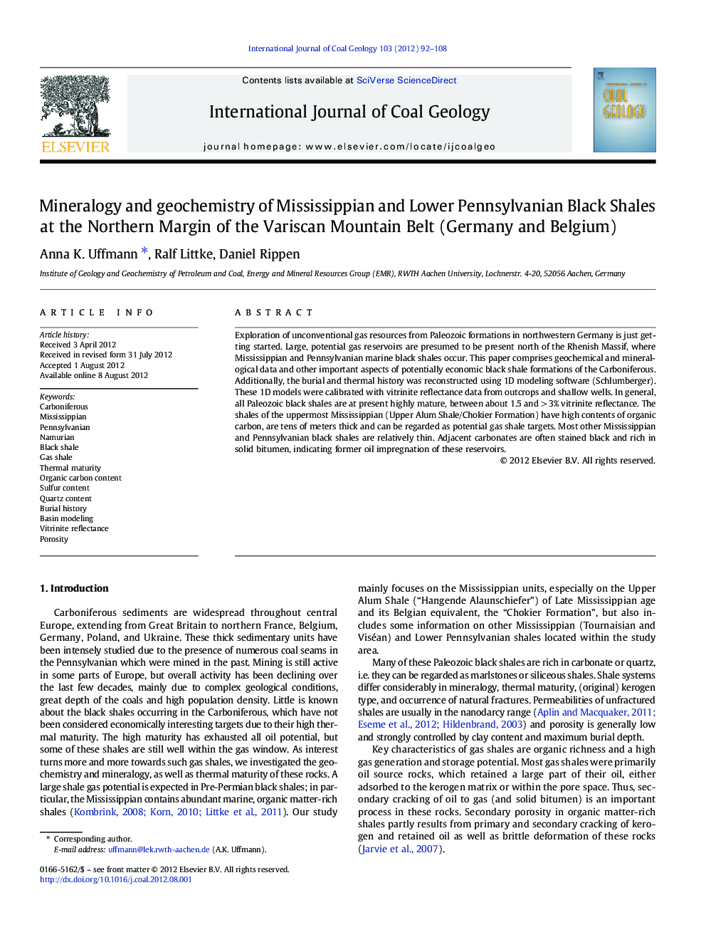 Mineralogy and geochemistry of Mississippian and Lower Pennsylvanian Black Shales at the Northern Margin of the Variscan Mountain Belt (Germany and Belgium)