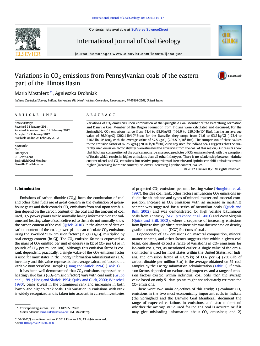 Variations in CO2 emissions from Pennsylvanian coals of the eastern part of the Illinois Basin