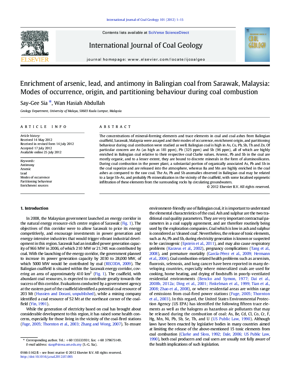 Enrichment of arsenic, lead, and antimony in Balingian coal from Sarawak, Malaysia: Modes of occurrence, origin, and partitioning behaviour during coal combustion