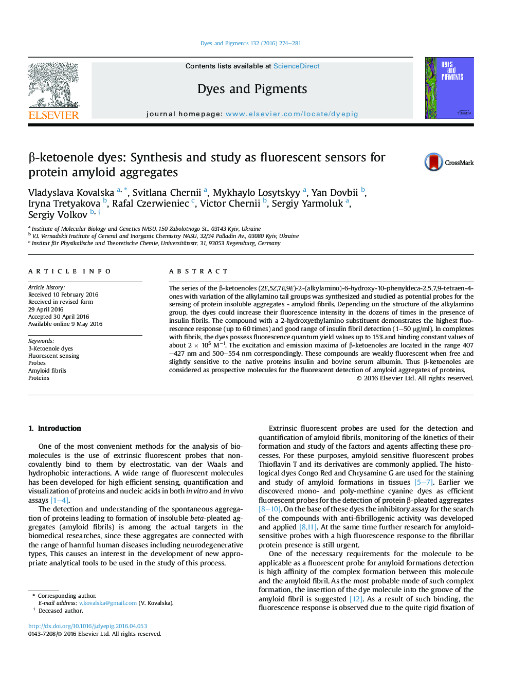β-ketoenole dyes: Synthesis and study as fluorescent sensors for protein amyloid aggregates