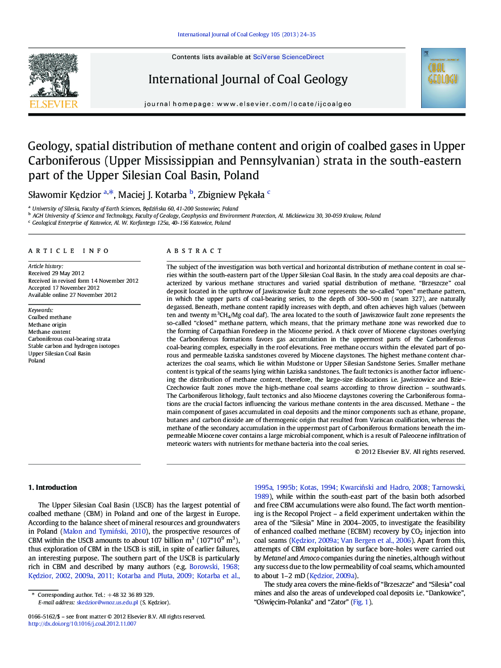 Geology, spatial distribution of methane content and origin of coalbed gases in Upper Carboniferous (Upper Mississippian and Pennsylvanian) strata in the south-eastern part of the Upper Silesian Coal Basin, Poland