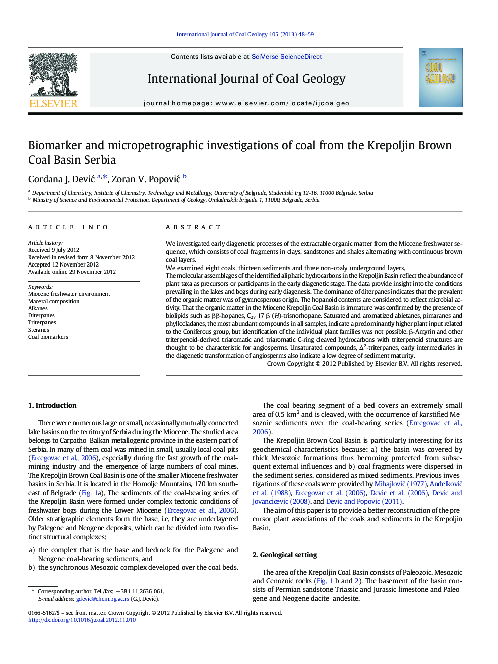 Biomarker and micropetrographic investigations of coal from the Krepoljin Brown Coal Basin Serbia