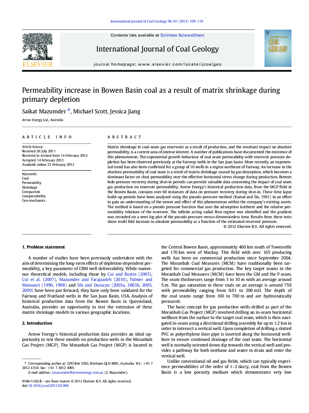 Permeability increase in Bowen Basin coal as a result of matrix shrinkage during primary depletion