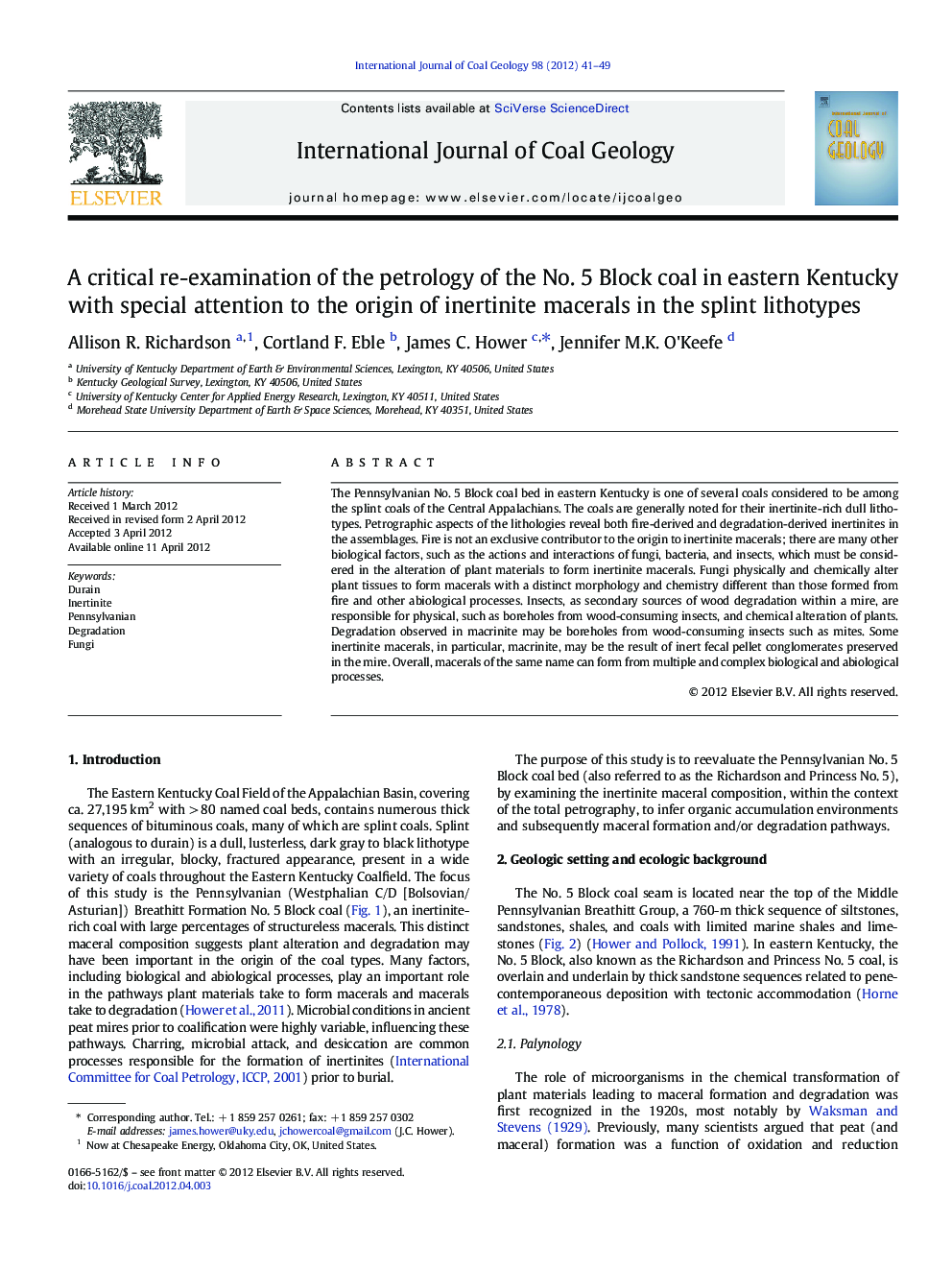 A critical re-examination of the petrology of the No. 5 Block coal in eastern Kentucky with special attention to the origin of inertinite macerals in the splint lithotypes