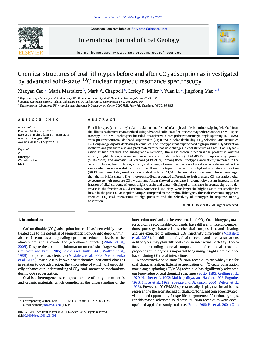 Chemical structures of coal lithotypes before and after CO2 adsorption as investigated by advanced solid-state 13C nuclear magnetic resonance spectroscopy