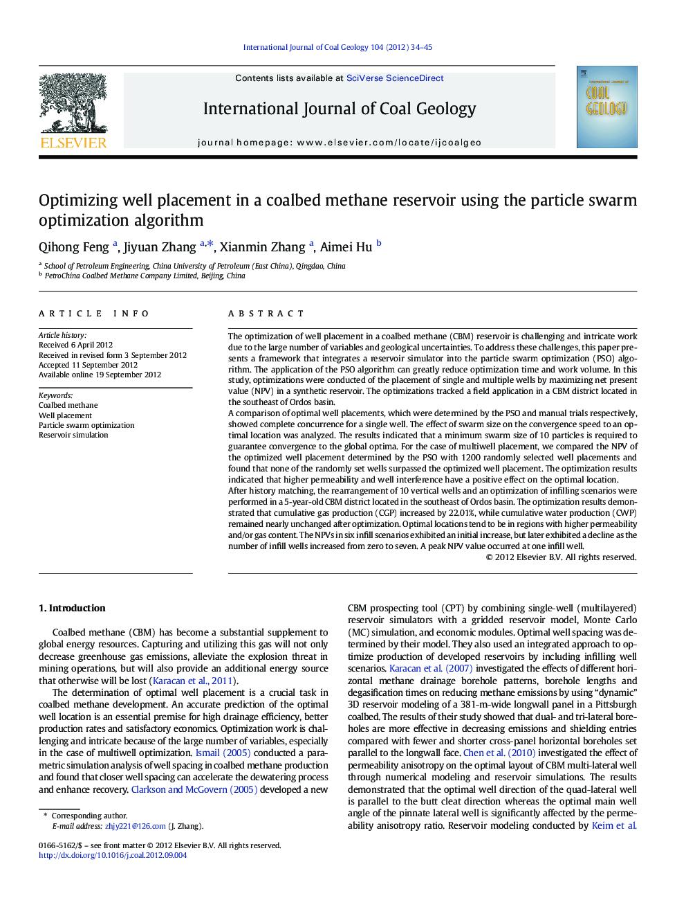 Optimizing well placement in a coalbed methane reservoir using the particle swarm optimization algorithm